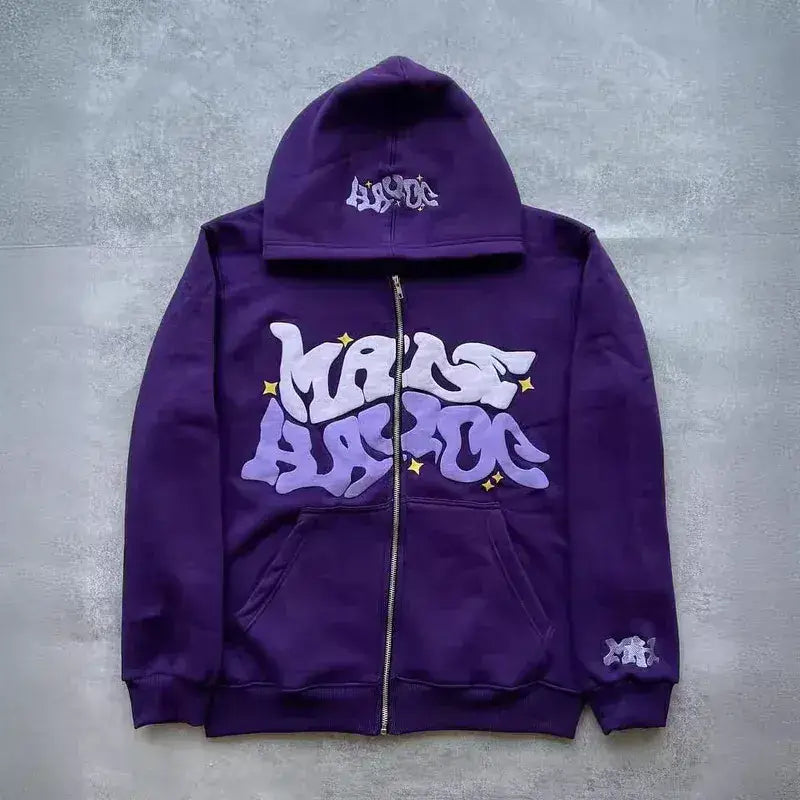 Retro Star & Letter Zip-Up Hoodie